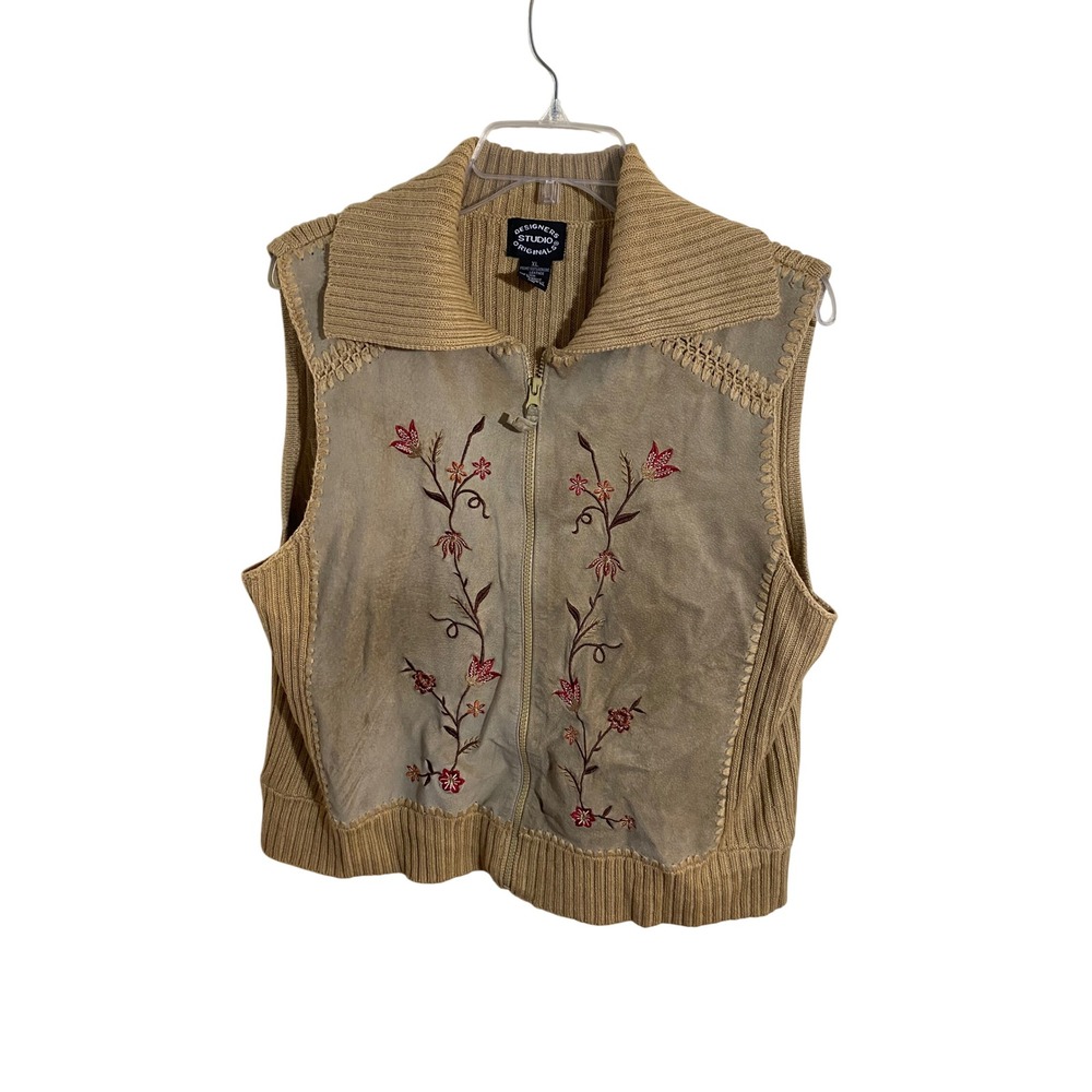 Designers Studio Originals Tan Leather Floral Embroidered Zip Up Sweater Vest XL